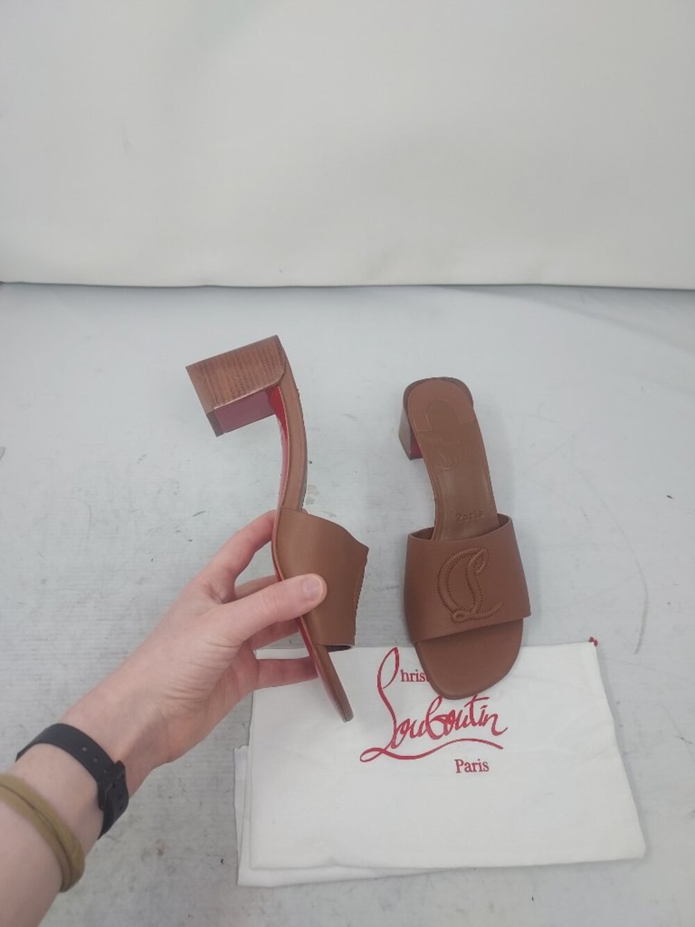 Christian Louboutin Brown Heel CL Logo Mule Slide Sandal